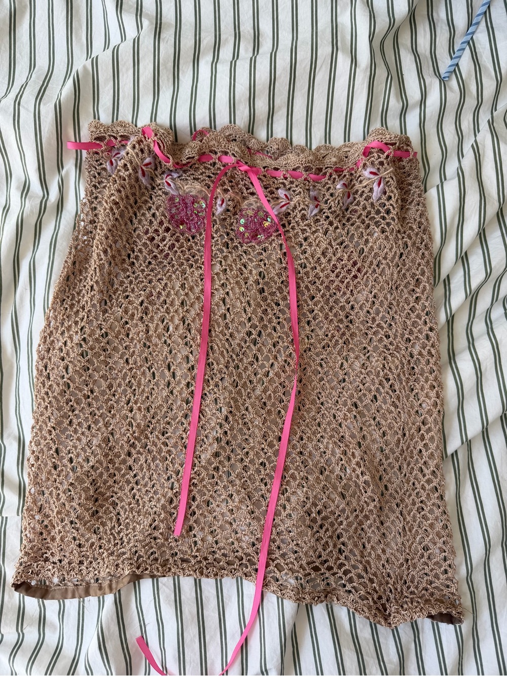 Tan Crochet Mini Skirt with Pink Ribbon Detail